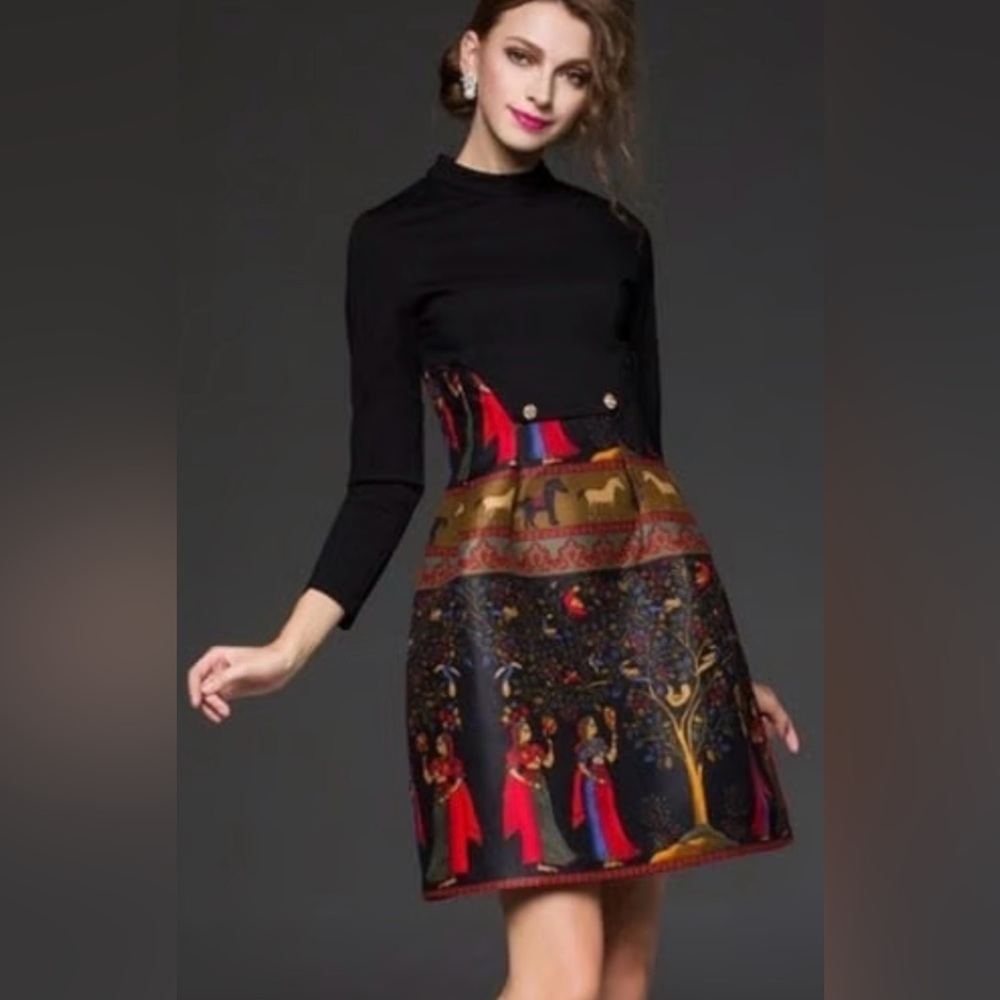 Black and Red Long Sleeve Dress with Artistic Print